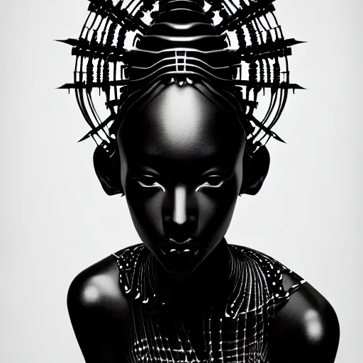 Image similar to portrait of an absurdly beautiful, graceful, sophisticated, fashionable black cyberpunk mechanoid gravure idol, hyperdetailed illustration by irakli nadar, adut akech, matt wisniewski style, intricate linework, dark black porcelain skin, jellyfish headdress, unreal engine 5 highly rendered, global illumination, red light, detailed and intricate environment