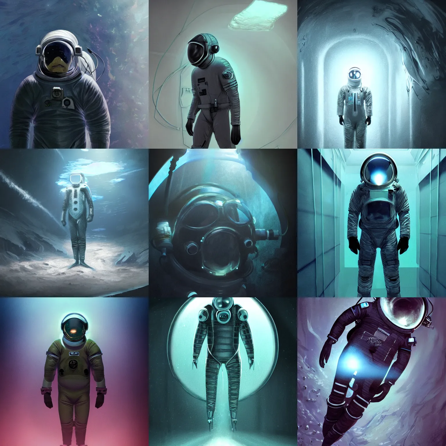 Prompt: concept art by david cronenberg in the dark underwater diver astronaut underwater futuristic dark and empty room. complex technical suit design. reflection material. rays and dispersion of light breaking through the deep water. trend artstation, 3 5 mm, f / 3 2