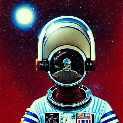 Image similar to Portrait of a Police astronaut wearing helmet in the style of James Gilleard, Zdzislaw Beksinski, Mark Ryden, Wolfgang Lettl highly detailed, hints of Yayoi Kasuma