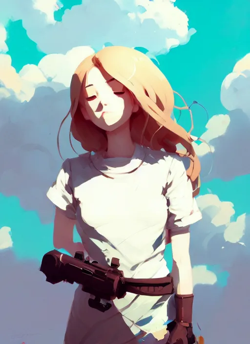 Image similar to portrait of cute maiden girl cowered, cloud sky background, by atey ghailan, by greg rutkowski, by greg tocchini, by james gilleard, by joe gb fenton, by kaethe butcher, dynamic lighting, gradient light blue, brown, blonde cream and white color in scheme, grunge aesthetic