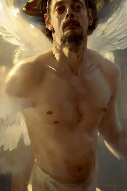 Image similar to beautiful detailed expressive impressionistic oil painting portrait of ancient roman god emperor steve buscemi levitating in angelic pose wearing the civic crown, art by anders zorn, wonderful masterpiece by greg rutkowski, expressive brush strokes, beautiful cinematic light, american romanticism by greg manchess, jessica rossier