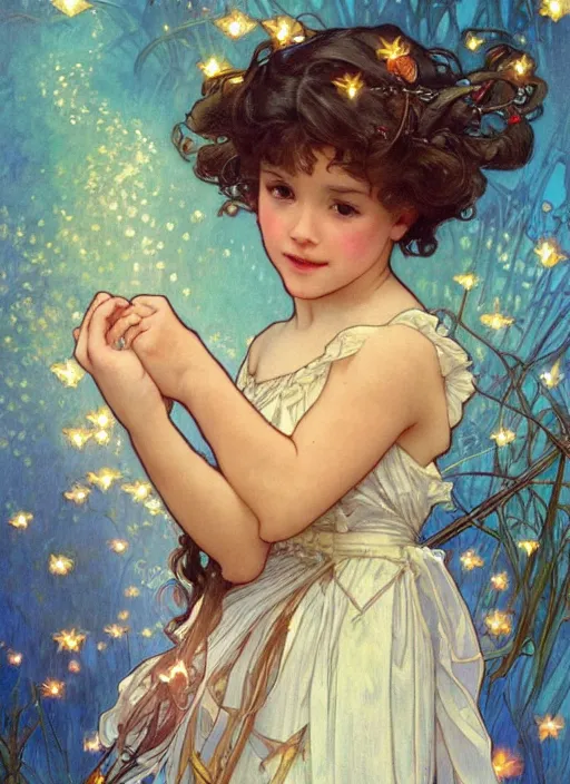 Prompt: a cute little girl with short curly brown hair with a happy expression wearing a summer dress dancing with fireflies, she is in the distance. beautiful fantasy art by by artgerm and alphonse mucha, trending on artstation.