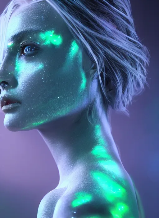 Image similar to beauteous sumptuous face by h. r. giger, cinematic forest lighting, with incredible iridescent pearlescent voluminous fluorescent neon laser beam hair, delicate crystalline masterpiece tattoos, hyperdetailed face, elegant pose, movie still, intricate, octane render, unreal engine, crepuscular rays, god rays