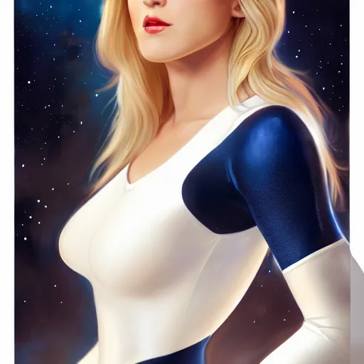 Image similar to a beautiful portrait of a beautiful cute superhero woman, blonde hair, matte navy - blue bodysuit with a white star and white cape, intricate, elegant, 8 k, hdr, vivid colors, highly detailed, digital painting, concept art, smooth, sharp focus, illustration, disney, by artgerm and loish and wlop and alphonse mucha