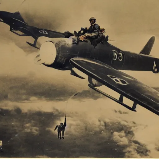 Prompt: photo of Japanese dogfighters in an aerial battle against a giant oriental dragon, world war 2, Color,