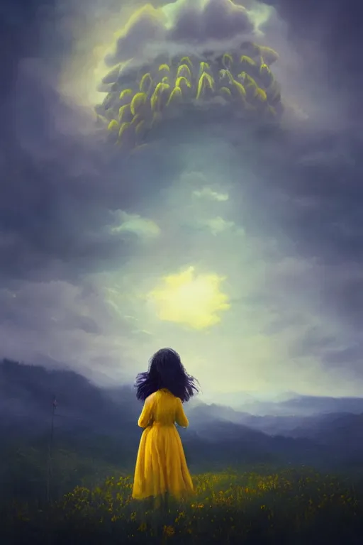 Image similar to closeup girl with huge yellow dahlia flower face, intricate, standing on mountain, surreal photography, blue storm clouds, dramatic light, impressionist painting, digital painting, artstation, simon stalenhag