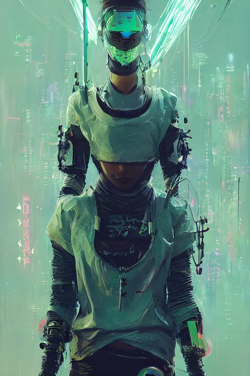 Image similar to horizon zero down, cyberpunk futuristic neon. fencing, long sword in her hand, decorated with traditional japanese ornaments by ismail inceoglu dragan bibin hans thoma greg rutkowski alexandros pyromallis nekro rene maritte illustrated, perfect face, fine details, realistic shaded, fine - face, pretty face, masterpiece