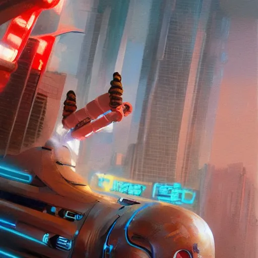 Image similar to cyberpunk hot dog, mechanical hot dog, tubes fused with the body, painted by stanley lau, painted by greg rutkowski, painted by stanley, artgerm, masterpiece, digital art, trending on arts