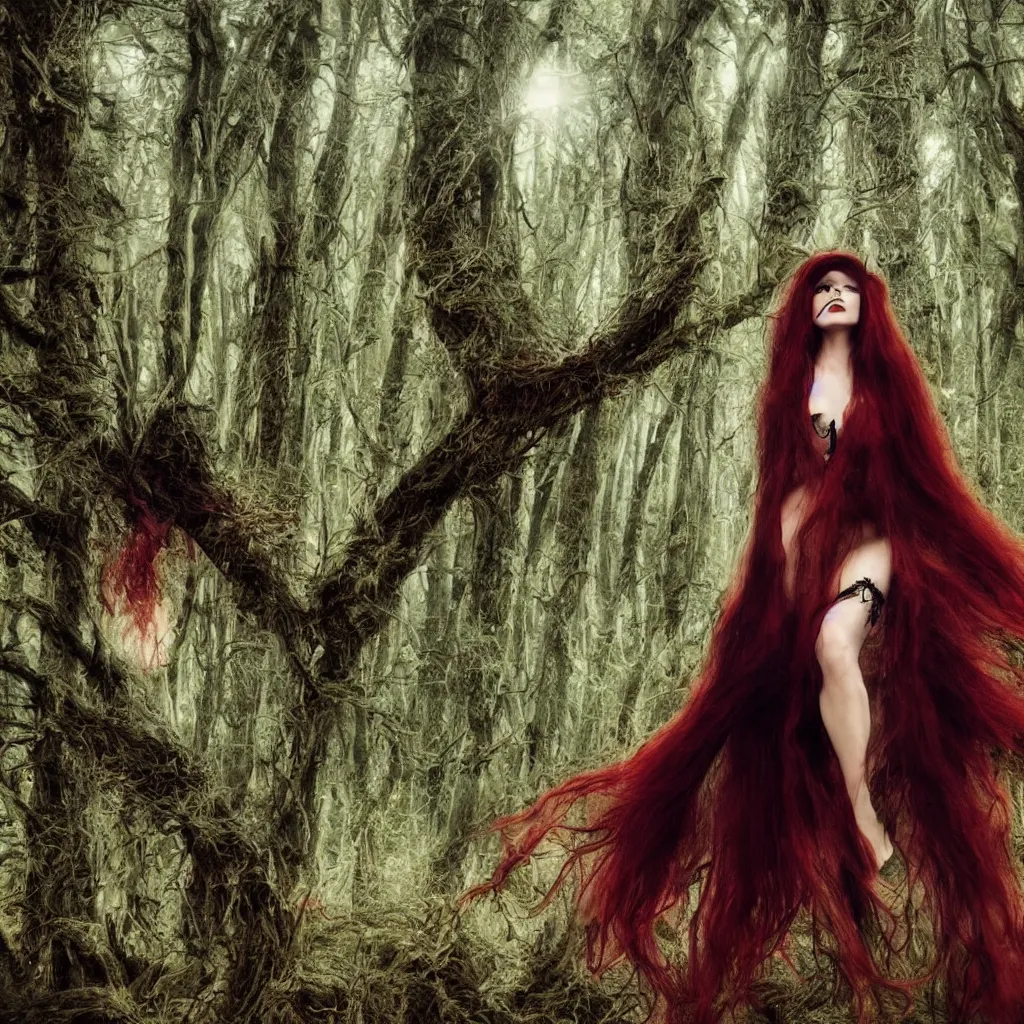 Prompt: a beautiful photographic still of a sexy witch looking off into the distance, long curvy red hairs, beautiful eyes and face, natural soft light failing on her face, by annie leibowitz + primordial magic forrest