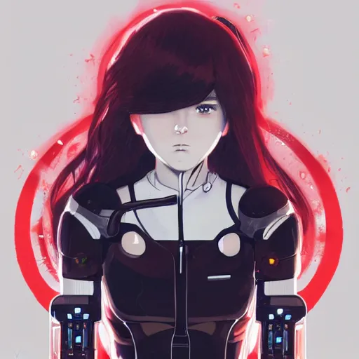 Prompt: A cyborg girl with big and cute red eyes, fine-face, realistic shaded perfect face, fine details. red, black and white robotic parts. Very very anime. Realistic shaded lighting poster by Ilya Kuvshinov katsuhiro otomo ghost-in-the-shell, magali villeneuve, artgerm, Jeremy Lipkin and Michael Garmash, Rob Rey and Kentarõ Miura style, trending on art station