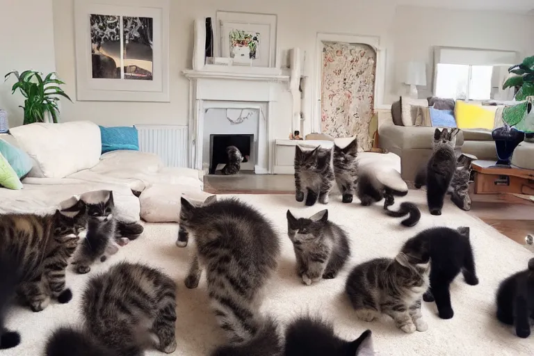 Image similar to a living room full of detailed cute kittens