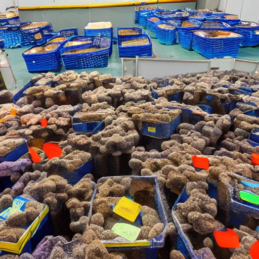 Prompt: peterhead fish market selling boxes of coral reef 4k wide angle