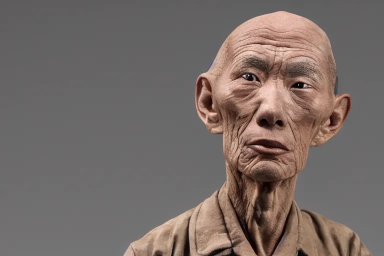 Image similar to hyperrealistic sculpture of a fossilized chinese prisoner, by ron mueck and duane hanson and lee bontecou and giacometti, hyperrealistic, dramatic, colored lighting, trending on artstation, 4 k