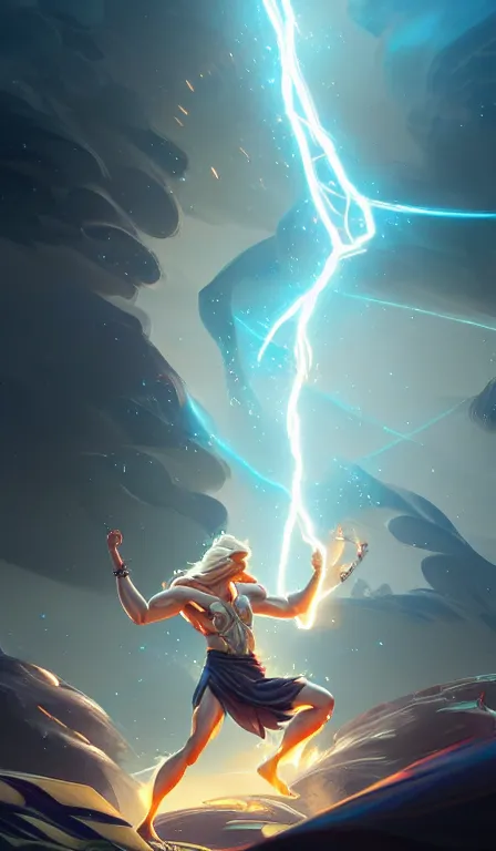 Prompt: the god zeus, lightning, action, epic, close up, sharp focus, digital art, concept art, dynamic lighting, character design by anna dittman and rossdraws, environment by jessica rossier