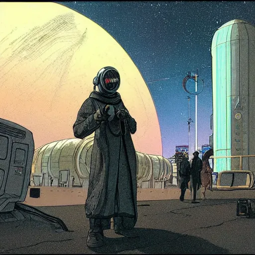 Image similar to Beggar priest with cyberpunk headset in busy spaceport on luna 5 colony. Concept art by James Gurney and Mœbius.