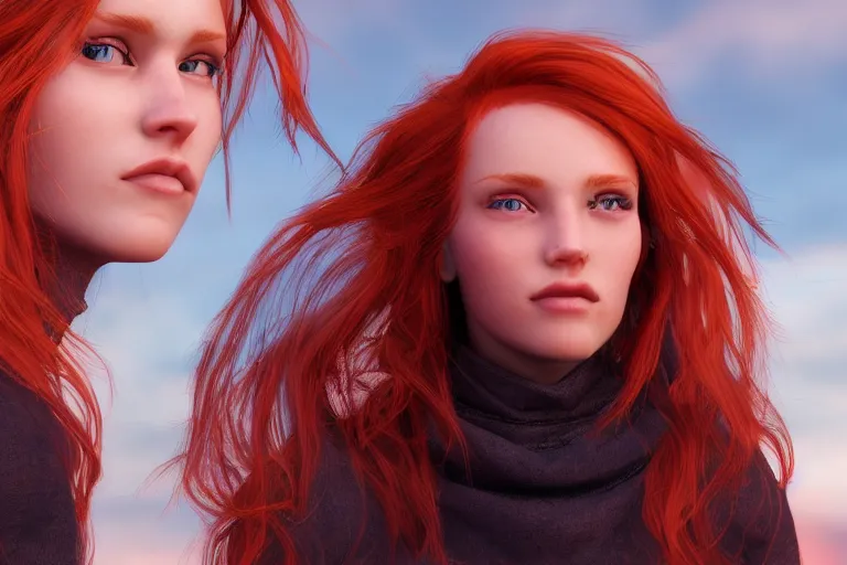 Prompt: hyperrealistic portrait of stunningly beautiful redhead nordic girl, lit by dawn light, busy city on background, trending on artstation,ultrawide angle, f8 , polarizer , unreal engine