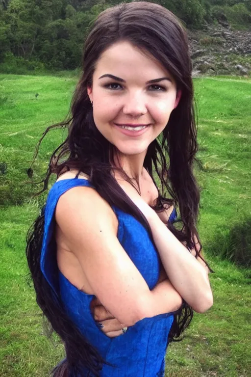 Image similar to fantasy character photo. facial expression of manic obsessive love. danielle campbell. black hair in ponytail. bright blue eyes tall, lanky, athletic, wiry. sleeveless lightgreen dress, brown trim. gleefully telling a bs story full of lies