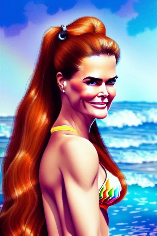 Image similar to portrait of a mix of beautiful young maria shriver, mariel hemmingway, brooke shields, nicole kidman and elle macpherson as a mermaid, thin lips, hair tied up in a pony tail, colorful artstation, cgsociety