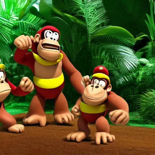 Image similar to Donkey Kong and Diddy Kong surrounded by tropical trees and barrels, 3D render, detailed clay model