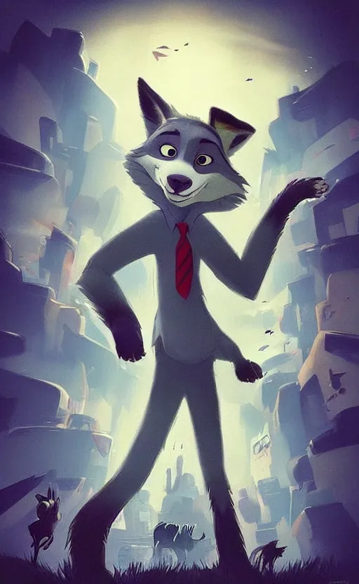 Image similar to “wolf in the style of zootopia in a dark room, dodging lasers, dramatic in the style of zootopia”