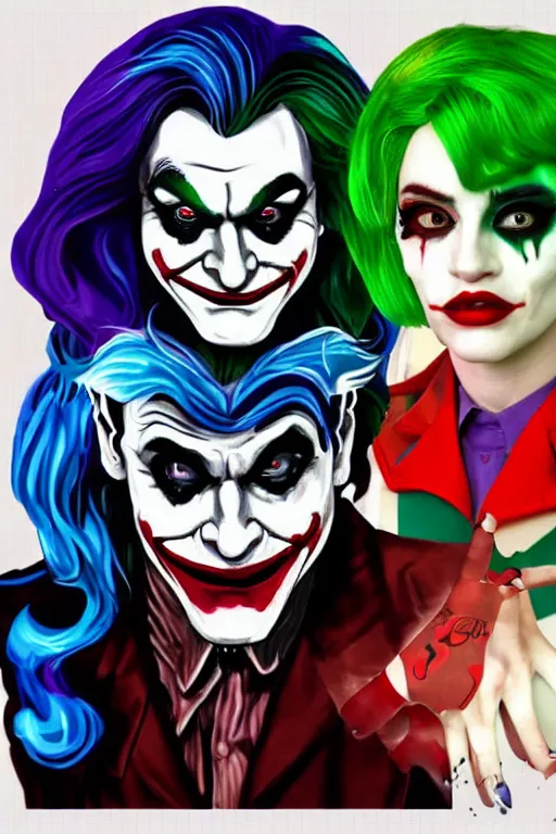 Prompt: joaquin phoenix as joker and lady gaga as harley quinn, remove duplicate content!!!!, violet polsangi pop art, gta chinatown wars art style, bioshock infinite art style, incrinate, realistic anatomy, hyperrealistic, green and purple color, white frame, content balance proportion