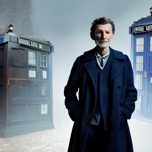 Image similar to tom holland as a rough dirty old man with a scruffy beard in a dark blue trenchcoat as the new doctor who, cinematic, volumetric lighting, f 8 aperture, cinematic eastman 5 3 8 4 film, photorealistic