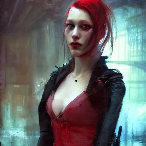 Prompt: Solomon Joseph Solomon and Richard Schmid and Jeremy Lipking victorian genre painting portrait painting of a young beautiful woman cyberpunk future hacker punk rock in fantasy costume, red background