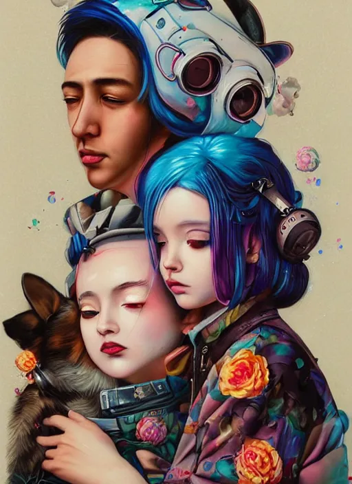 Prompt: beautiful portrait painting of a cute lofi cyberpunk princess and her corgi assassin king chilling, by Afarin Sajedi, Alessandro Barbucci, Alex Gross, Shin Jeongho, Shohei Otomo. trending on Artstation, 8k, masterpiece, face enhance, graffiti paint, fine detail, full of color, intricate detail, golden ratio illustration