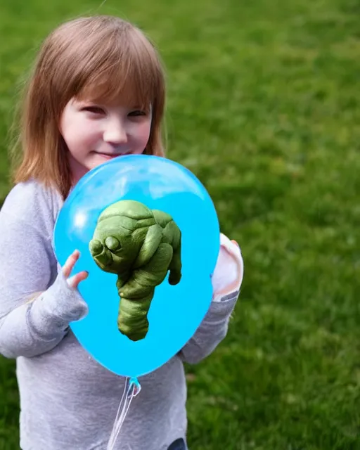 Image similar to child holding a balloon tardigrade on a string. helium balloon in the shape of a cute tardigrade.