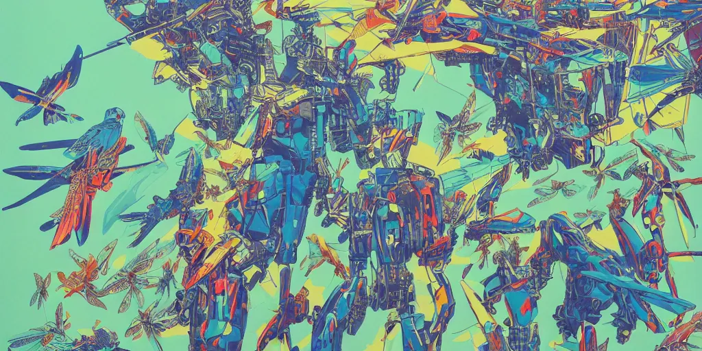 Prompt: risograph, gigantic mecha arzach birds with dragonflies, tiny rats, a lot of exotic animals around, big human faces everywhere, helicopters and tremendous birds, by satoshi kon and moebius, matte summer blue colors, surreal psychedelic design, crispy, super - detailed, a lot of tiny details, 4 k, fullshot