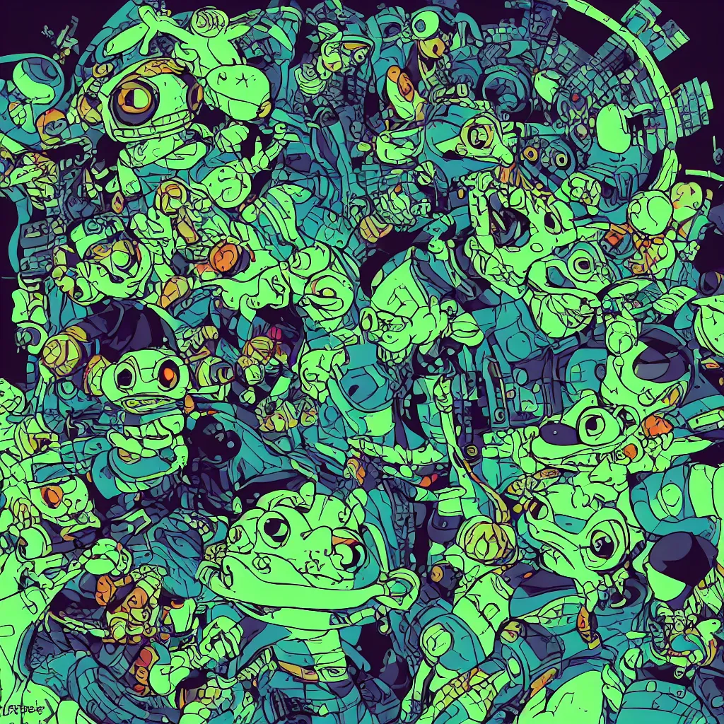 Image similar to toad head, ryuta ueda artwork, breakcore, style of jet set radio, y 2 k, gloom, space, cel - shaded art style, frogs, amphibians, sacred geometry, data, minimal, code, cybernetic, dark, eerie, cyber