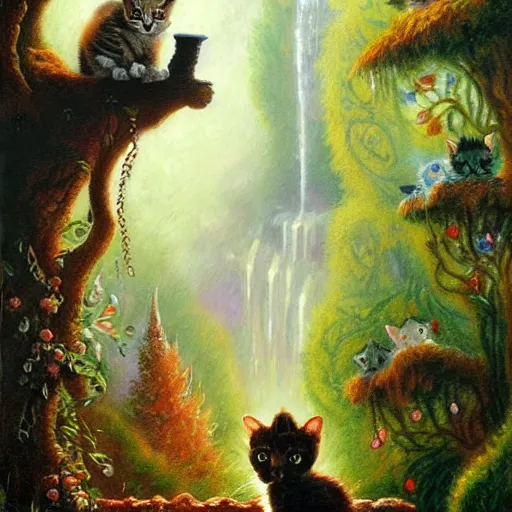 Prompt: painting of one kitten in the enchanted forest standing on the steps and watching the waterfall, fantasy, intricate, extremely detailed, face enhance, matte, featured in artstation, art by louis wain, greg rutkowski