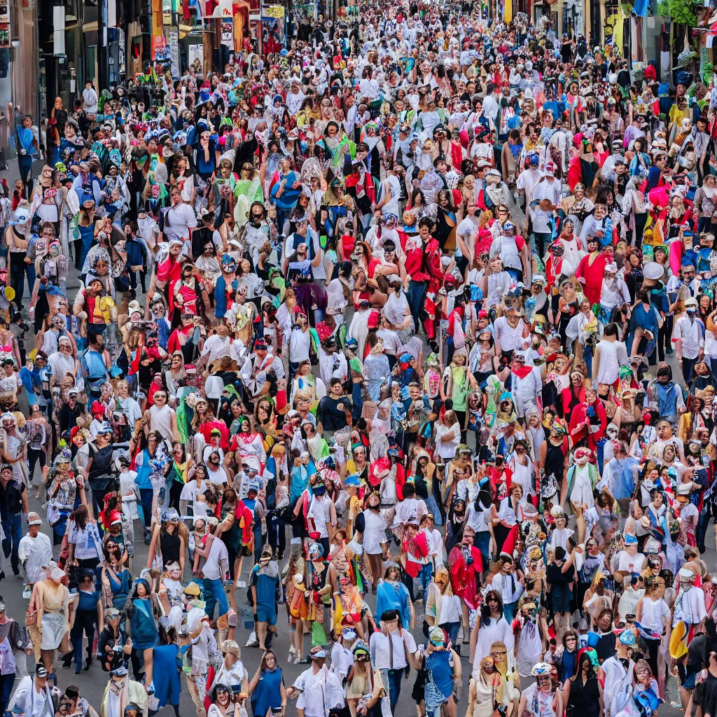 Prompt: a large street parade, everyone is wearing unique paper masks, professional photography