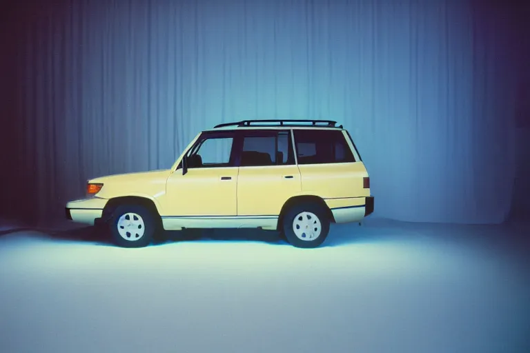 Prompt: studio photoshoot designed by giorgetto giugiaro of a single 1 9 8 8 land cruiser, thick neon lights, ektachrome photograph, volumetric lighting, f 8 aperture, cinematic eastman 5 3 8 4 film