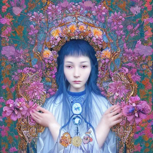 Image similar to breathtaking detailed concept art painting of the goddess of nemophila flowers, orthodox saint, with anxious, piercing eyes, ornate background, amalgamation of leaves and flowers, by Hsiao-Ron Cheng, James jean, Miho Hirano, Hayao Miyazaki, extremely moody lighting, 8K