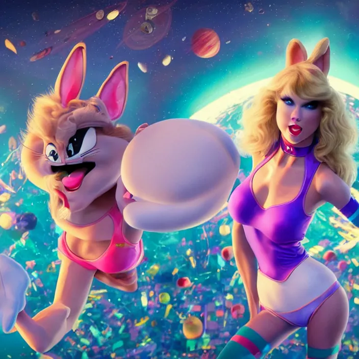 Image similar to portrait of Taylor Swift as Lola Bunny in Space Jam 1996. HD, 4K. intricate abstract. intricate artwork. by Tooth Wu, wlop, beeple, dan mumford. octane render, trending on artstation, greg rutkowski very coherent symmetrical artwork. cinematic, hyper realism, high detail, octane render, 8k, iridescent accents