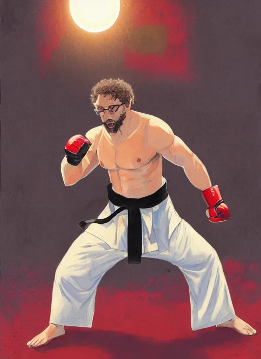 Prompt: Sam Hyde wearing a luxurious karate uniform, MMA southpaw stance, smoky lighting, sigma male, by Milo Manara Gi, Greg Rutkowski,  Zabrocki, Karlkka, Jayison Devadas, Phuoc Quan, trending on Artstation, 8K, ultra wide angle, pincushion lens effect