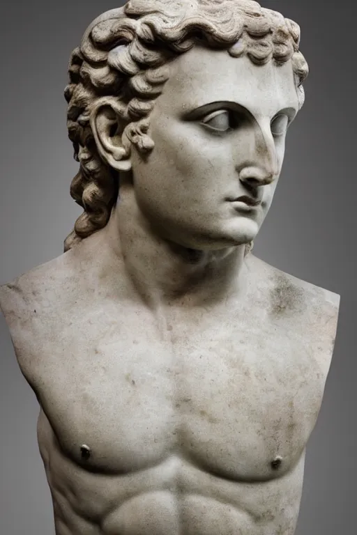 Image similar to an ancient greek marble statue of emmanuel macron, the british museum