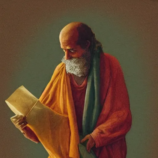 Prompt: philosopher wearing sack cloth on a cover of an Usborne children's book. The philosopher has no emotion and unmoved by joy, pleasure or pain. His sack cloth is too rough