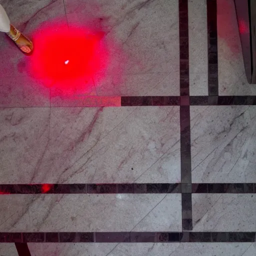 Prompt: red light from above defines the shape of her shadow on the white marble floor below