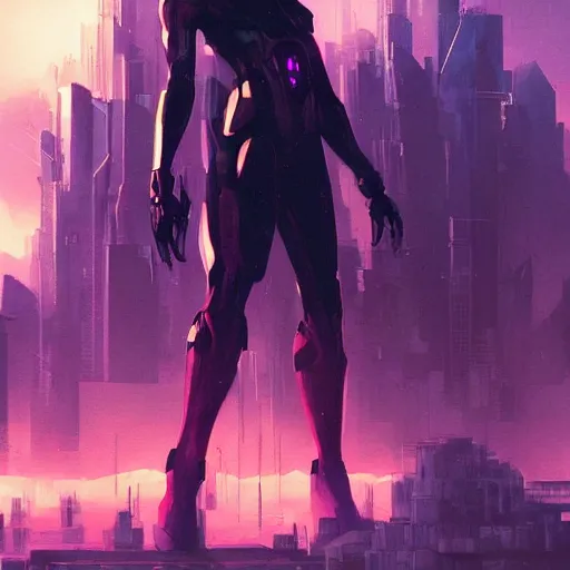 Image similar to batman beyond, cyberpunk, cityscape, purple sky, artgerm, greg rutkowski