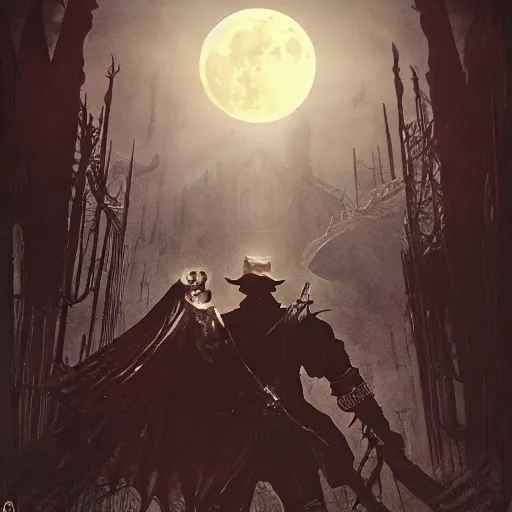 Image similar to an ultra detailed vector image of the hunter from bloodborne fighting a big daddy, concept art by alphonse mucha and greg rutkowski, scary shadows, blood moon eclipse, polaroid octane render, laminal space