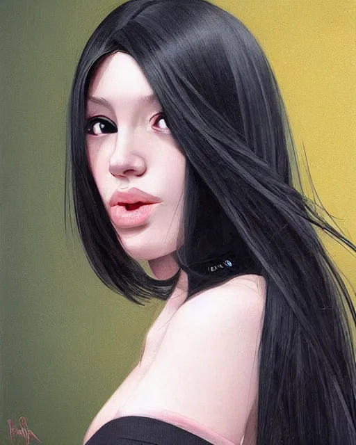 Image similar to portrait of woman cute-fine-face, with long black hair that extends past her waist with locks of hair that frame her face down to her chin and shows off her high forehead, pretty face, realistic shaded Perfect face, fine details. Anime. realistic shaded lighting by Ilya Kuvshinov Giuseppe Dangelico Pino and Michael Garmash and Rob Rey, IAMAG premiere, aaaa achievement collection, elegant freckles, fabulous