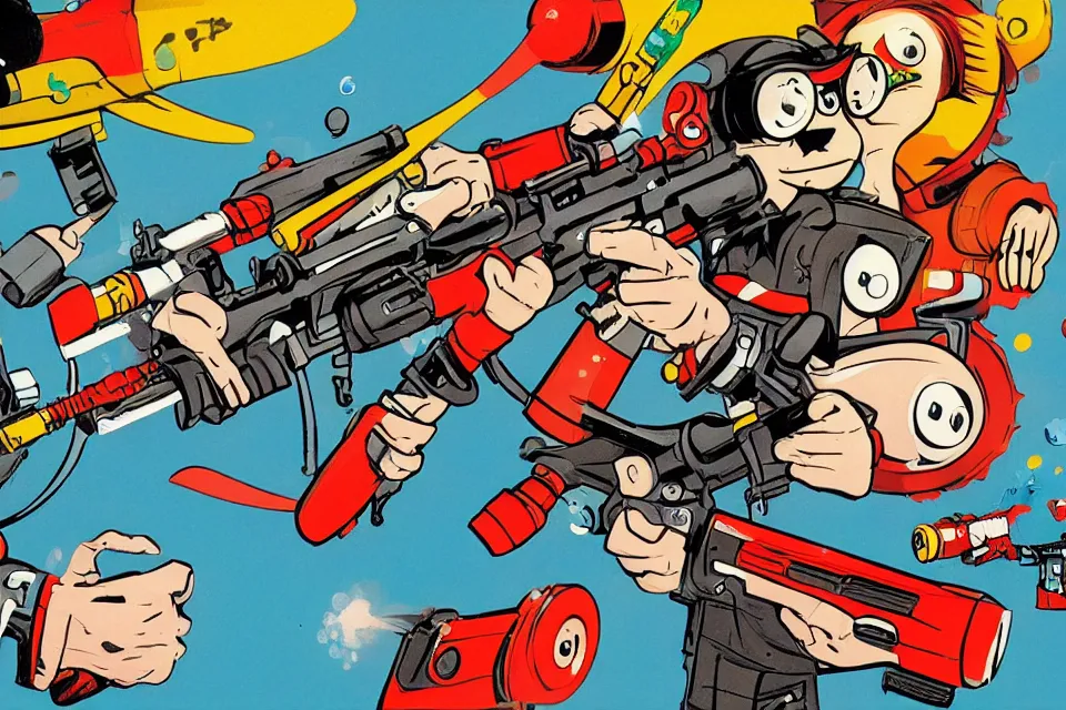Image similar to 3 concept illustrations supersoaker water guns, by jamie hewlett