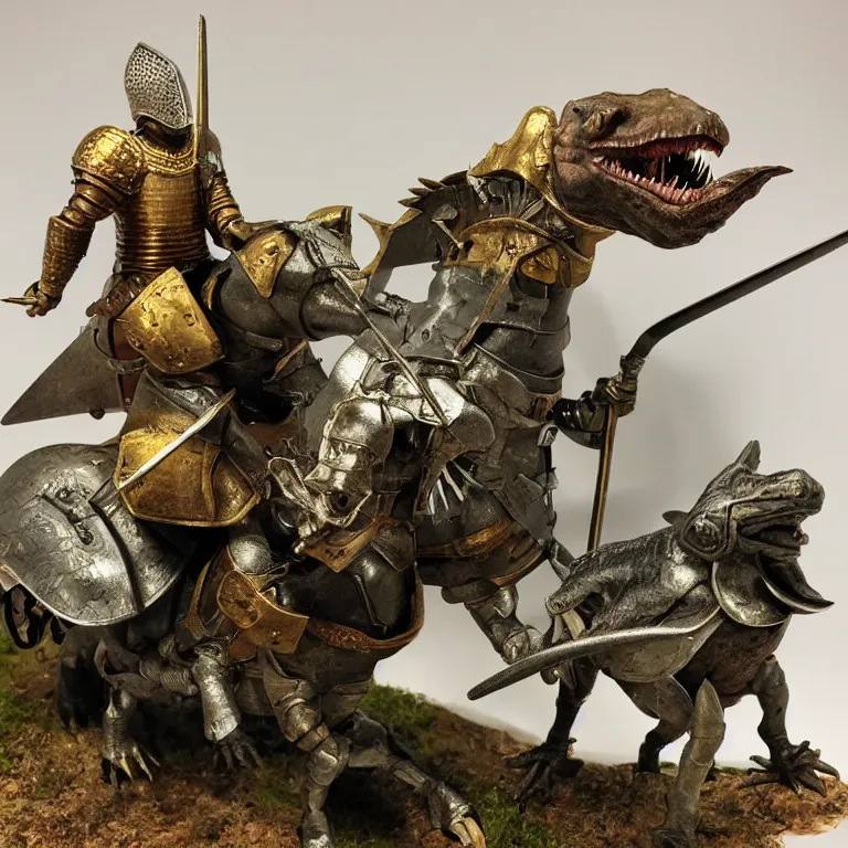 Image similar to diorama of a medieval knight riding a dinosaur, swords drawn to attack, highly detailed, award winning mini painting, studio lighting