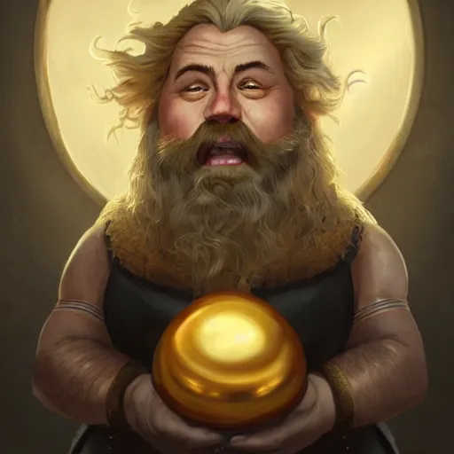 Prompt: symmetrical portrait of a happy dwarf showing off the giant gold nugget, realistic, beautiful, fantasy art, dnd, lord of the rings, style of charlie bowater, concept art, sharp focus, ray tracing