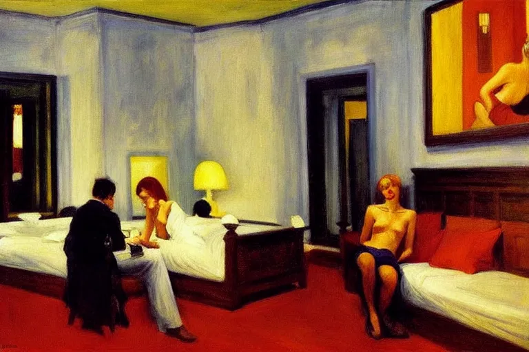 Image similar to the chelsea hotel, painting by edward hopper and eric fischl and robert mcginnis