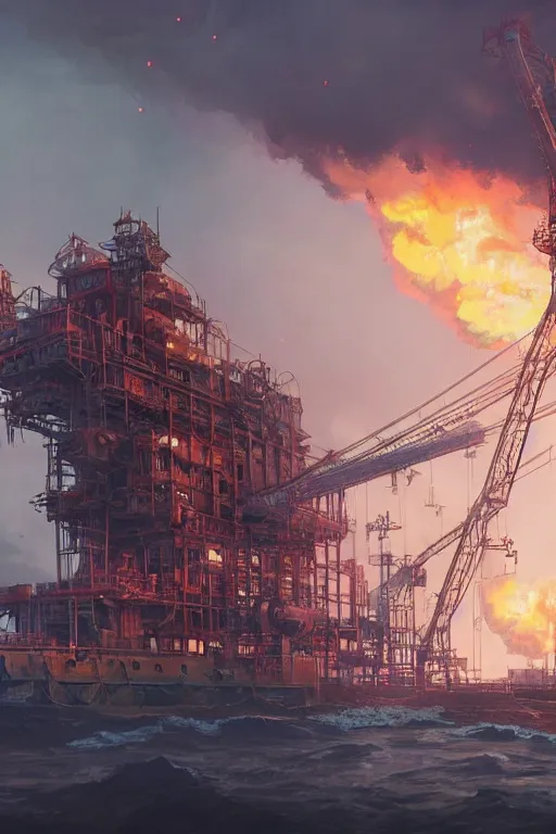 Image similar to a highly detailed matte painting of a soviet steampunk oil rig on fire at night by studio ghibli, makoto shinkai, by artgerm, by wlop, by greg rutkowski, volumetric lighting, octane render, 4 k resolution, trending on artstation, masterpiece