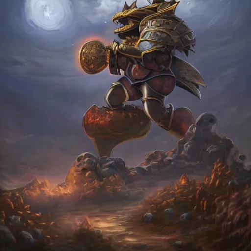 Prompt: King Koopa made of earth and molten metal with heavy knight armor in the style of anime by Peter Mohrbacher, Matte painting of mushroom kingdom in background, anime trending on artstation, HD, 4k,