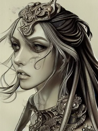 Image similar to a woman's face, baroque style, elegant, beautiful, mesmerizing, concept art, fancy clothing, highly detailed, artstation, behance, deviantart, inspired by innocent manga, inspired by castlevania concept art, trending, ayami kojima, shinichi sakamoto